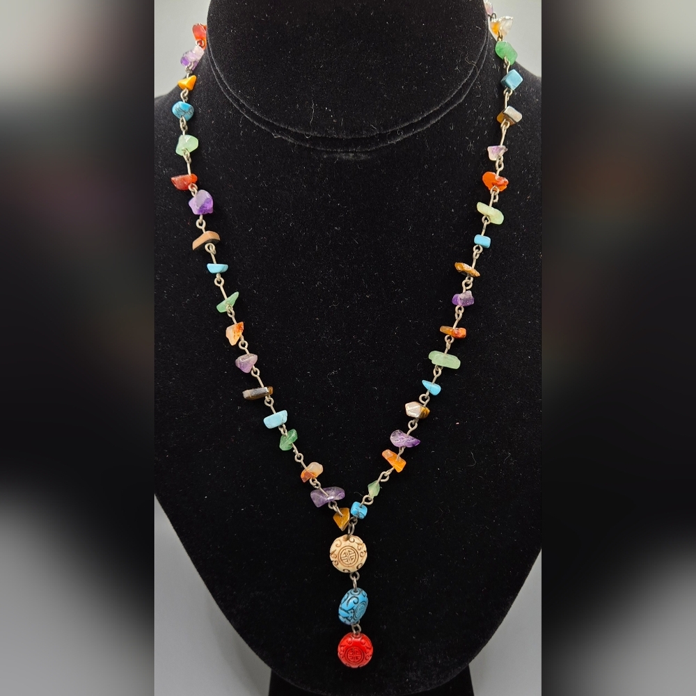 Colorful Real Stone Necklace Strung on Link Wire Chain 15" Long + 2" Extender